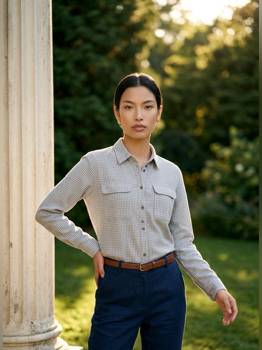 Equipment Femme Silk Dual Grey Gingham Shirt, Size S